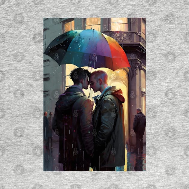 2 men, the rain, and a rainbow umbrella by PenguiQueer